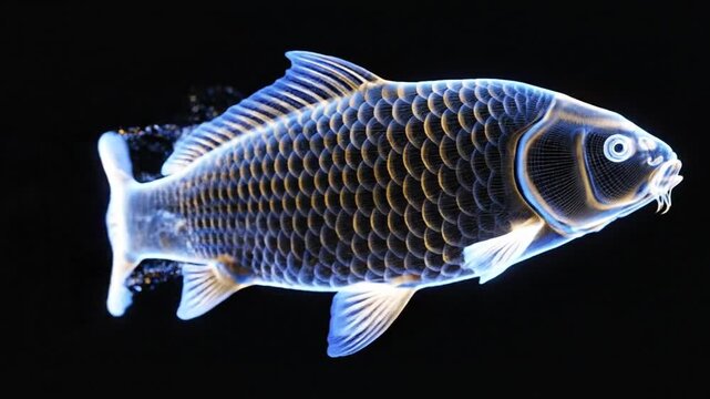 Holographic Cyprinus carpio Animation &ndash; Realistic Natural Movement with Clean Black Background, High Detail Futuristic