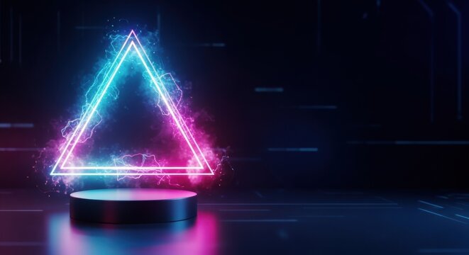 Neon glowing triangle on pedestal futuristic stage