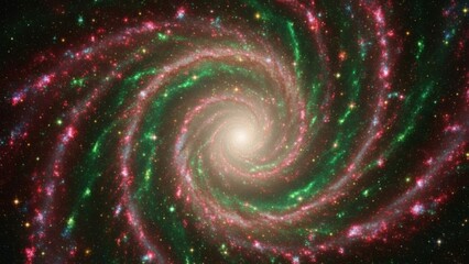 Vibrant spiral galaxy with stunning red and green nebula radiating from a center 