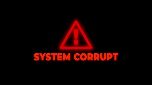 Red neon warning triangle with exclamation mark and system corrupt text glitch effect on dark