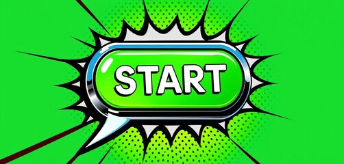 Retro pop art green start button in comic speech bubble with halftone vector illustration,  comic book,  green