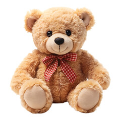 Obraz premium Cute fluffy teddy bear with red checkered bow isolated on white background