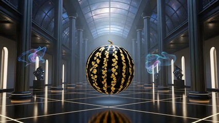Futuristic Black and Gold Sphere Floating in Grand Architectural Hall with Glowing Smoke and Illuminated Columns