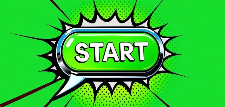 Retro pop art green start button in comic speech bubble with halftone vector illustration,  comic book,  green - Powered by Adobe