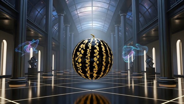 Futuristic Black and Gold Sphere Floating in Grand Architectural Hall with Glowing Smoke and Illuminated Columns - Powered by Adobe