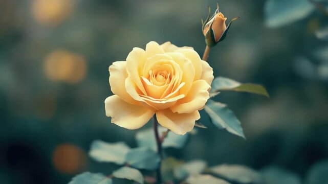 Video A single yellow rose is blooming in a garden with lush greenery and a sunny background