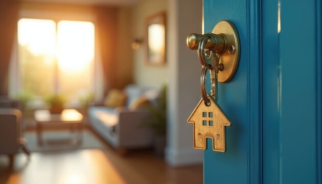 Key unlocks blue door, home shaped keychain dangles. New beginning, homeownership concept. Golden light floods blurred cozy interior, symbolising welcome, fresh start, secure future, property