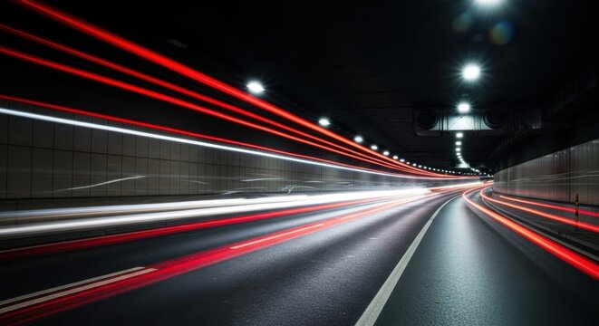 Speeding traffic light trails inside a modern highway tunnel - Powered by Adobe