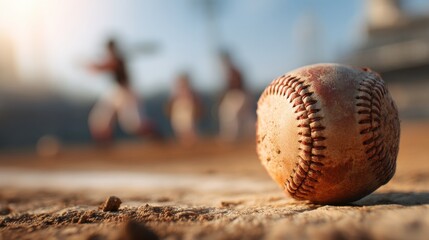 A baseball lies on the dirt of a sports field with players visible in the background practicing their batting skills during the late afternoon sunlight creating a lively scene.