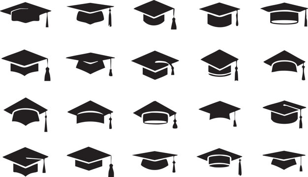 Graduation caps icon Set, A symbolic collection of graduation caps, representing the achievement of educational milestones and the pursuit of knowledge. Vector illustration !
