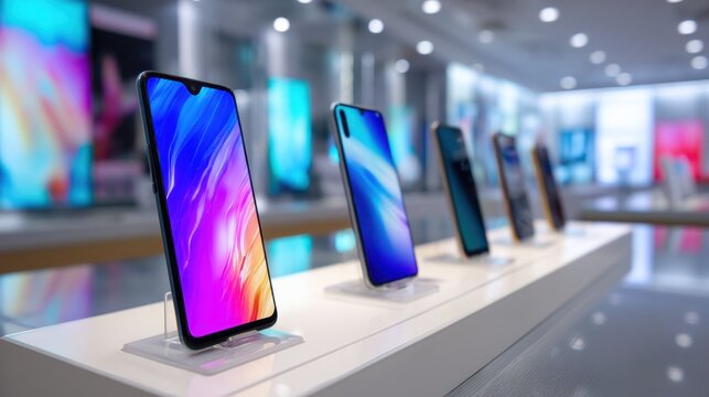 Several new smartphone models are showcased on a sleek display table in an electronic store. Bright lighting highlights the colorful screens of each device attracting customer attention.