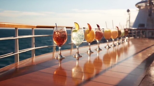 Aerial view of a row of cocktails on a ship deck during sunset, with the ocean in the background. The main subject is a glass of ambercolored drink with a slice of orange garnish.