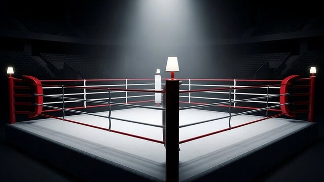 Empty boxing ring under spotlight in dark arena