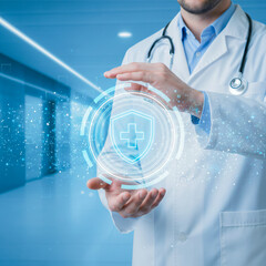 doctor holding a digital tablet in a hospital, Futuristic Healthcare Protection Shield Hologram in Doctor’s Hand, ai