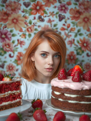 Retrato vibrante de una mujer pelinaranja y una tarta de fresa detallada