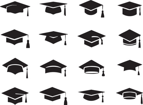 Graduation caps icon Set, A symbolic collection of graduation caps, representing the achievement of educational milestones and the pursuit of knowledge. Vector illustration !
