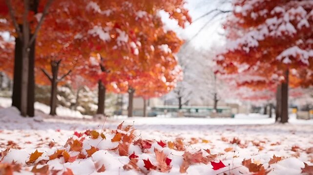 A vivid autumnal scene captured in a shallow depth of field, focusing on the ground covered in fallen leaves. The leaves are a mix of red and orange hues.
