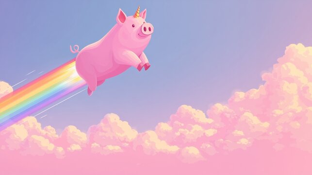 Innovation and Growth concept with a magical pink pig flying on a rainbow through a dreamy pastel sky.