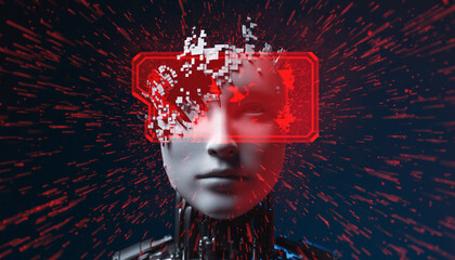 Cybernetic Fragmentation: A futuristic android face partially disintegrates, displaying a digital overlay, evoking themes of technology and the digital world.