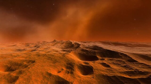Journey across an alien red planet surface with vast dusty sky and distant mountains