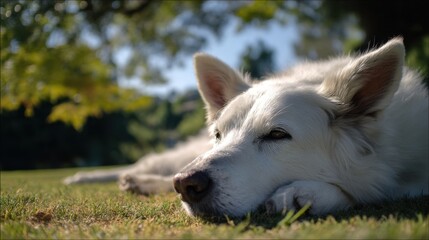 Obraz premium A serene white dog lies comfortably on lush green grass enjoying the warmth of the sun in a peaceful outdoor area during the late afternoon. The calm atmosphere enhances the moment.