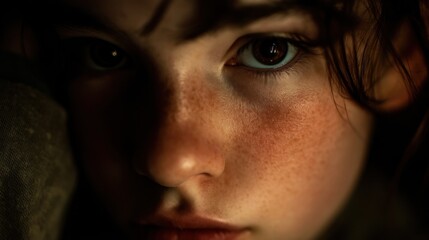 Fototapeta premium A child gazes thoughtfully revealing beautiful freckles and deep expressive eyes. The soft lighting surrounds them capturing a serene moment in the evening.