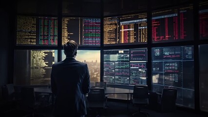 A man in a suit stands in front of a large screen displaying stock market data. He is intently focused on the screens, with a cityscape visible through the window behind him. - Powered by Adobe