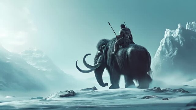 A vivid portrayal of a warrior mounted on the back of a mammoth, set against a backdrop of a vast, icy landscape. The warrior is clad in traditional armor.