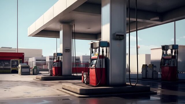 A detailed, realistic rendering of a gas station. The main subject is the gas pumps, which are prominently displayed in the foreground. The visual attributes include the metallic sheen of the pumps.