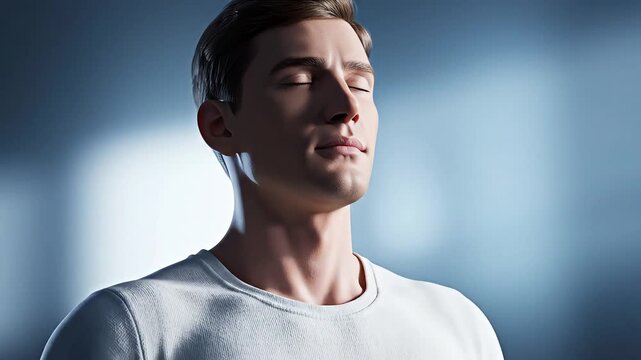 Man closing his eyes in serene meditation, finding inner peace and mindfulness in a moment of calm and reflection, ideal for wellness brands