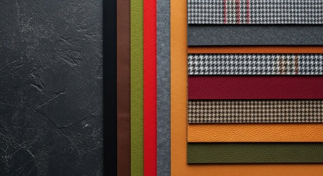 Colorful fabric and leather swatches material texture background