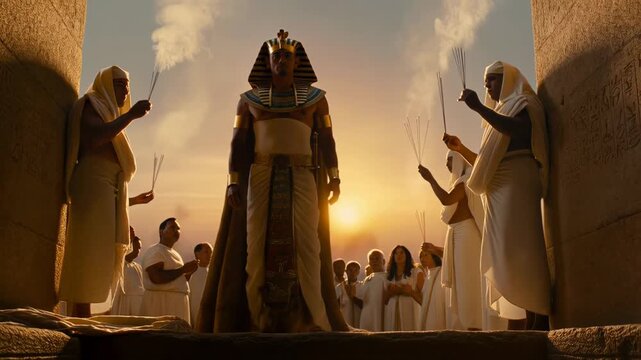 Ancient Egyptian sunrise ritual with male Pharaoh and priests holding incense at temple entrance