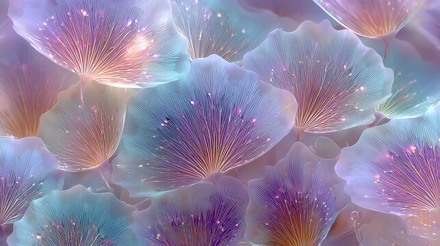 Abstract floral background with translucent petals in pastel blue, purple, and orange hues