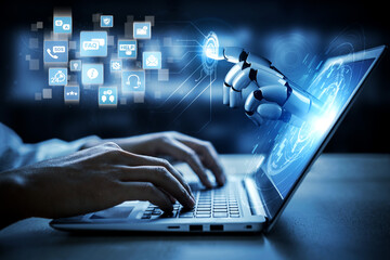 Obraz premium Artificial intelligence assists online help and FAQ services, answering questions, guiding customers, and improving support efficiency through smart automation. Entice