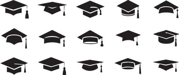 Graduation caps icon Set, A symbolic collection of graduation caps, representing the achievement of educational milestones and the pursuit of knowledge. Vector illustration !