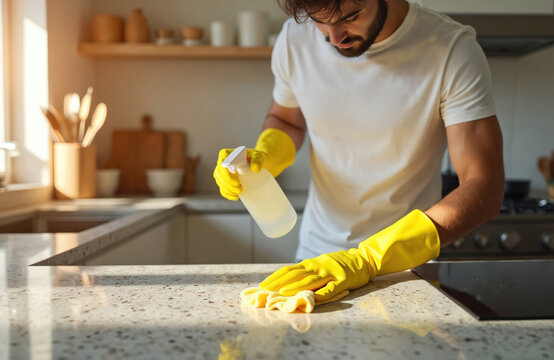 Man in yellow gloves cleans kitchen countertop. Person wipes surface with spray detergent. Housekeeping worker disinfects modern kitchen. Routine hygiene during domestic chore at home. Cleanliness