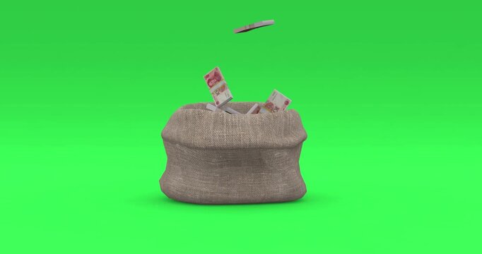 Sack Full of Chinese 100 Renminbi Banknotes on Chroma Key Background. China's Economy, Wealth, and Business.