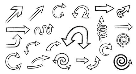 Handdrawn arrow collection set of different sketch arrows, pointers, direction indicators for design and decoration