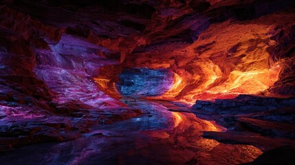 Abstract Cave Interior - Dramatic Lighting and Fiery Colors, Artistic Rendering.