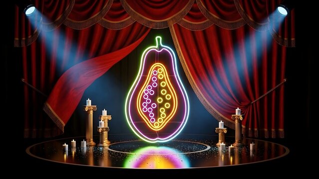 Neon Jackfruit Sign Stage with Candles and Red Curtains for Artistic Performance