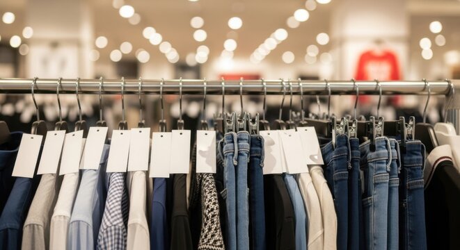 Fashion clothing display with price tags in retail store