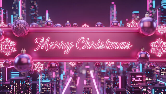 Cyberpunk neon merry christmas cityscape with ornaments
