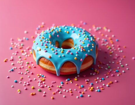 Single donut with dripping blue icing, rainbow sprinkles on pink background. Sweet glazed pastry delicious bakery treat. Unhealthy but tasty fried junk food confection perfect for snack party.