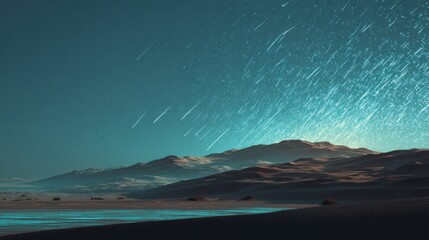 Mesmerizing Teal Star Trails Streaking Across Night Sky Above Dark Mountain Silhouettes.
