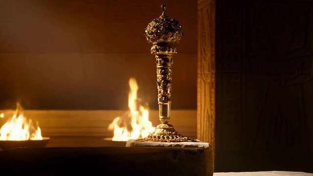 Ancient ceremonial scepter adorned with gold and gems in dimly lit temple chamber with flickering torchlight, sacred artifact video footage