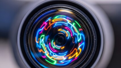 Macro shot of camera lens with colorful light reflections