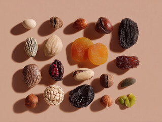 Flat lay of nuts and dried fruits in minimalist style on pastel background
