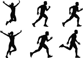 Running vector silhouette set, athletes in motion, active men and women jumping, jogging, sprinting, fitness training, marathon racing, and dynamic healthy lifestyle activities.
