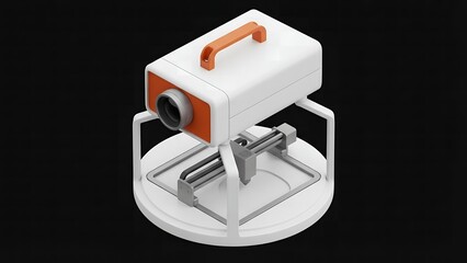 Modern 3d printer with orange accents on a white base against a black background showcasing innovation and technology in manufacturing and design for product development and prototyping