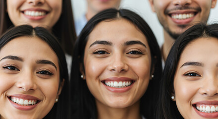Group of smiling young adults posing together in bright environment